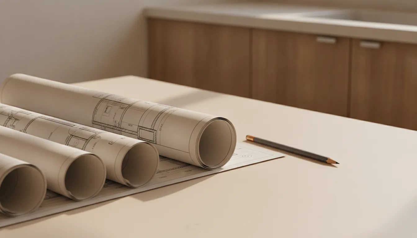暖米白桌面上一疊未攤開的施工圖紙捲與一枝橫放的鉛筆，側窗日光斜掠過桌面、在紙捲下留下柔和長影，〈3D 渲染圖要另外收費嗎？該不該加購〉一文封面