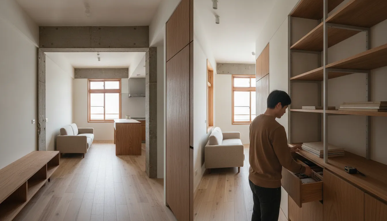 剛整理完的老屋室內中景，原始樑柱與窗框線條保留下來，地坪與牆面看得出新舊材質交界，〈老公寓翻新的公共區域限制：管委會與住戶協調〉一文封面