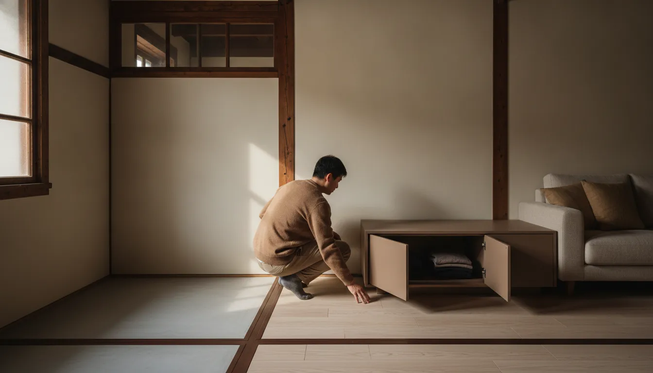 剛整理完的老屋室內中景，原始樑柱與窗框線條保留下來，地坪與牆面看得出新舊材質交界，〈老屋地板要不要打掉？墊高、直鋪與拆除的取捨〉一文封 面