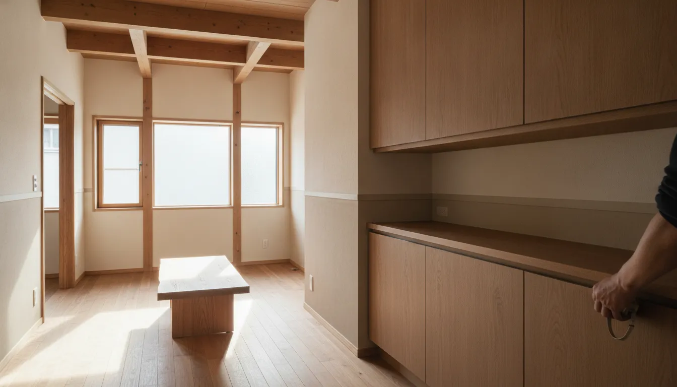 剛整理完的老屋室內中景，原始樑柱與窗框線條保留下來，地坪與牆面看得出新舊材質交界，〈老屋原地翻新還是拆掉重建？三個判斷條件〉一文封面