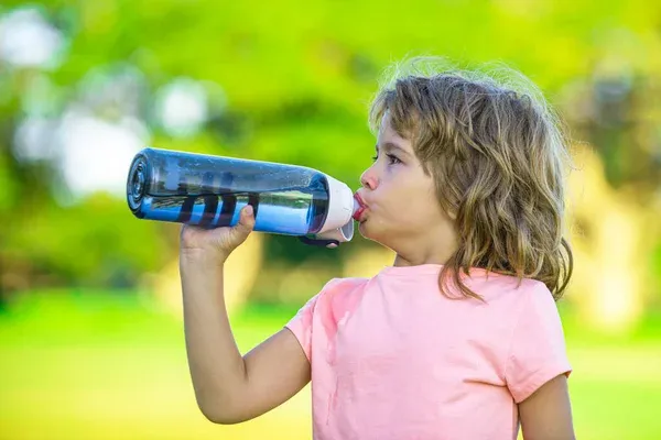 Child Drinking Water Bottle Outdoor Park Kid Drinking — Stock ...